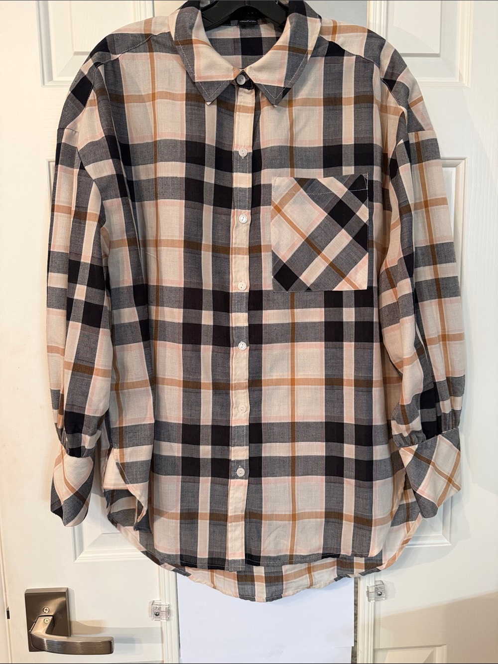 Sanctuary Plaid Button-Front Blouse in Black, Cream & Brown